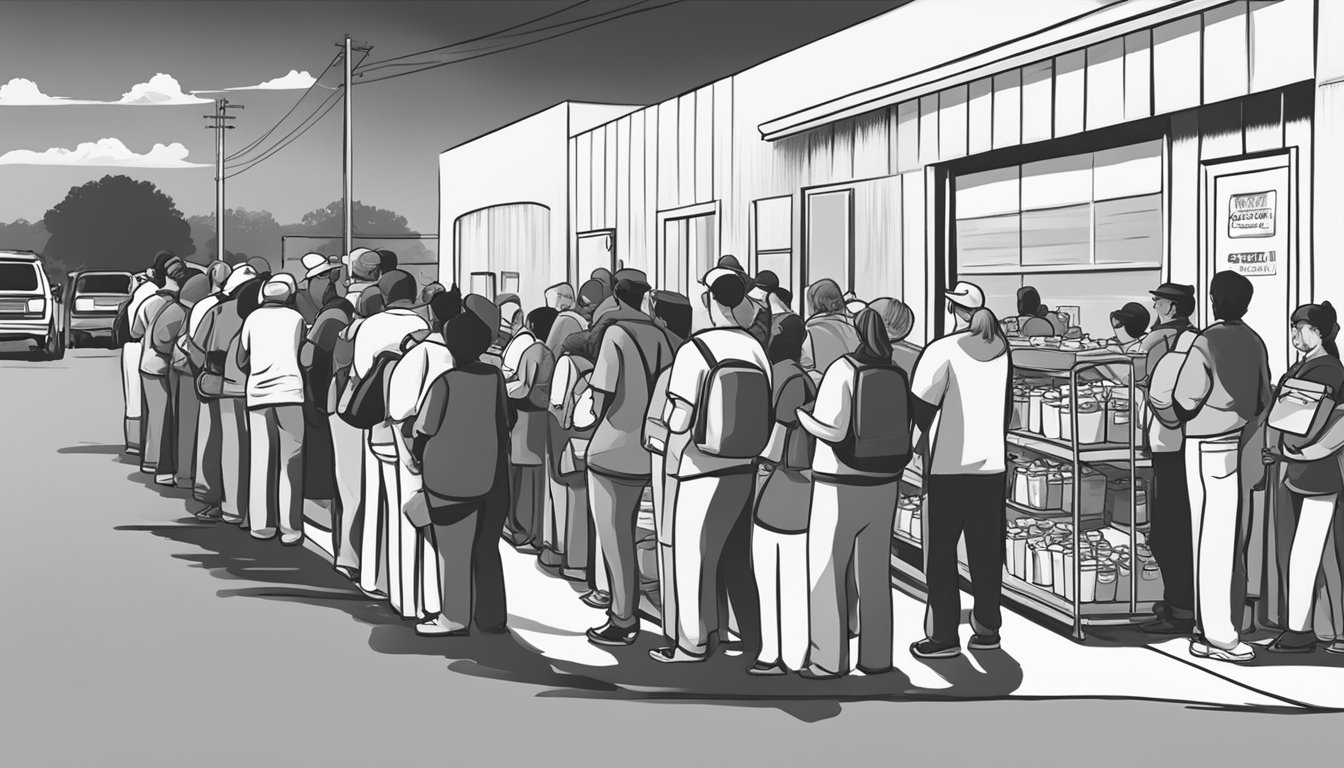 A line of people waiting outside a food pantry in Roberts County, Texas, with volunteers handing out free groceries and supplies