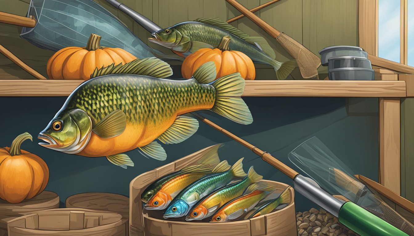 A pumpkinseed is being caught and eaten near a storage area with a shelf of fishing equipment