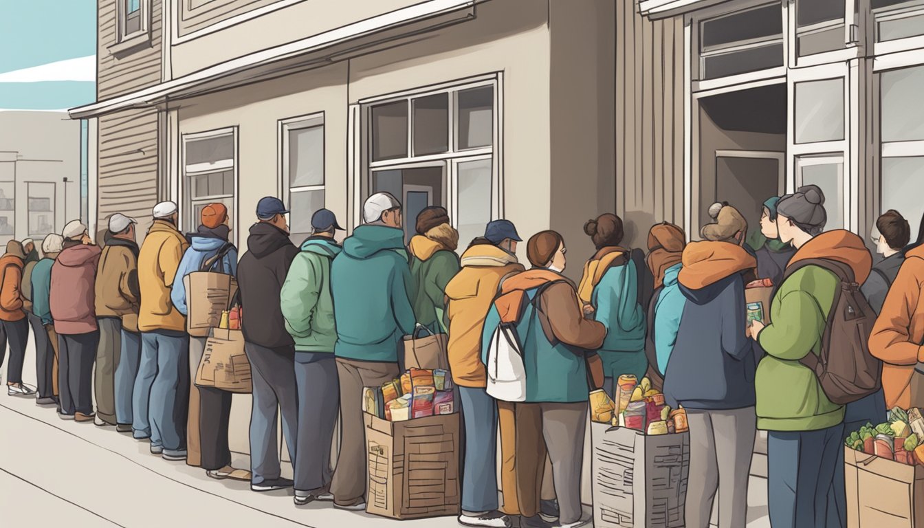 A line of people waiting outside a food pantry, with volunteers handing out bags of groceries