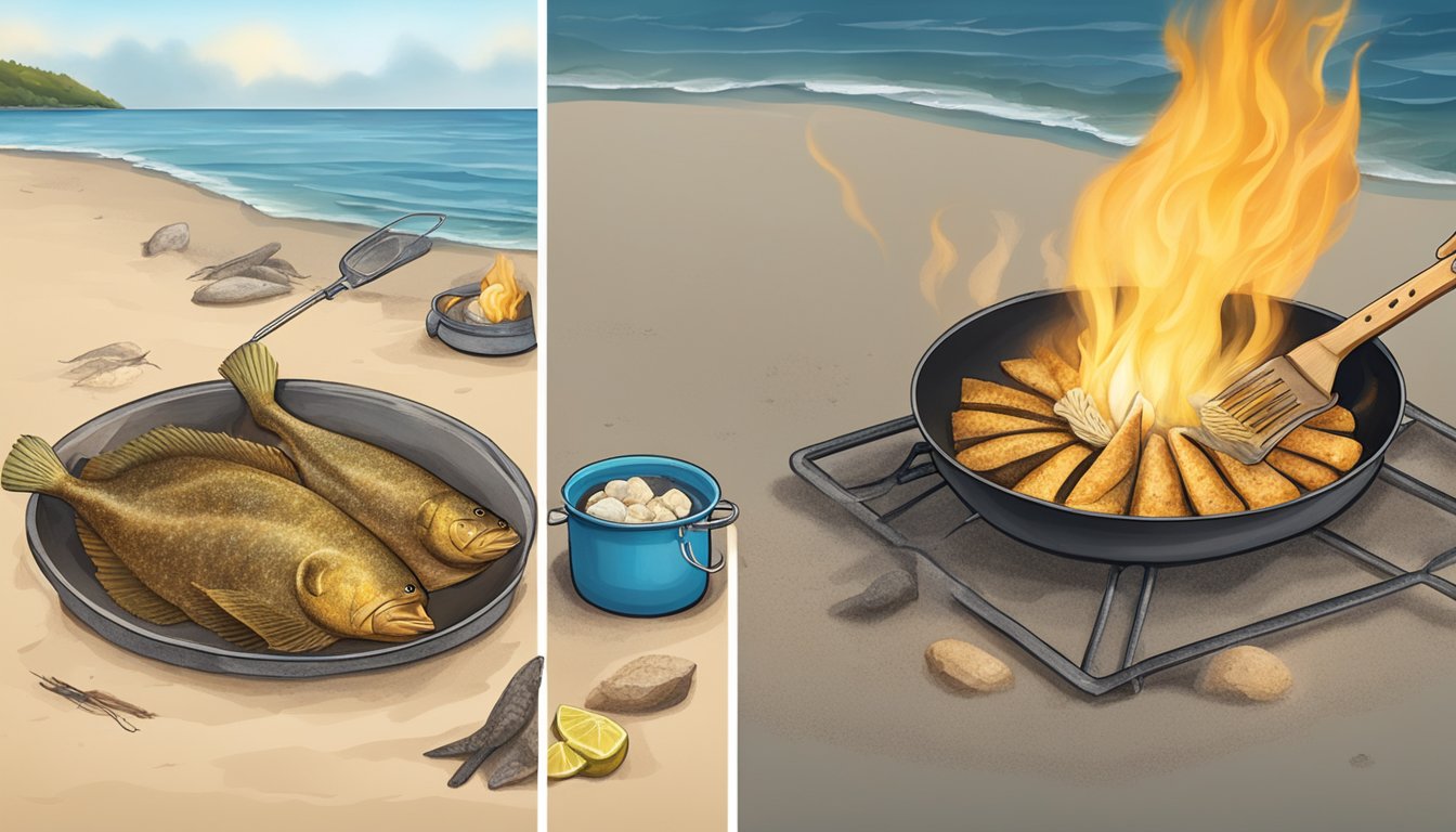 A flounder being caught and then cooked over a campfire on the beach