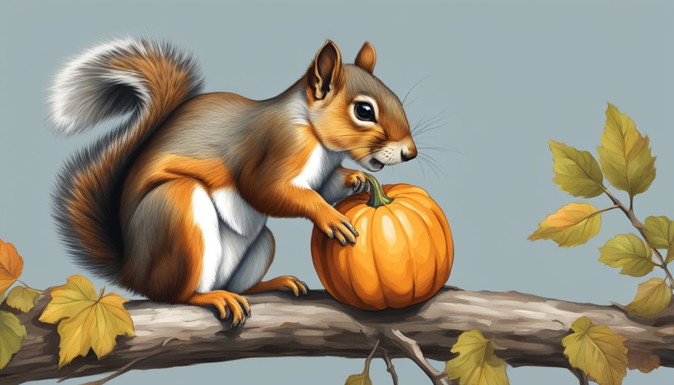 A squirrel perched on a tree branch, holding a pumpkin seed in its paws and nibbling on it