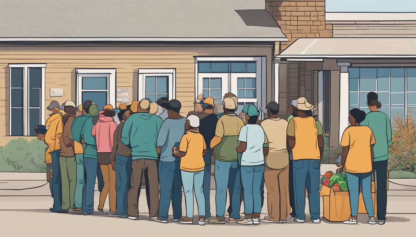 A line of people waits outside a food pantry in Roberts County, Texas. Volunteers hand out free groceries to those in need