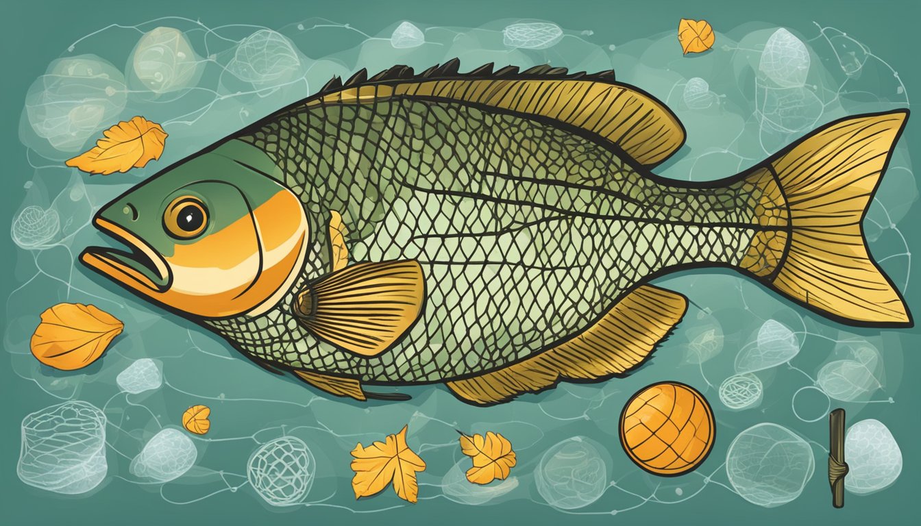 A pumpkinseed fish caught in a net, surrounded by various allergen warning signs and symbols