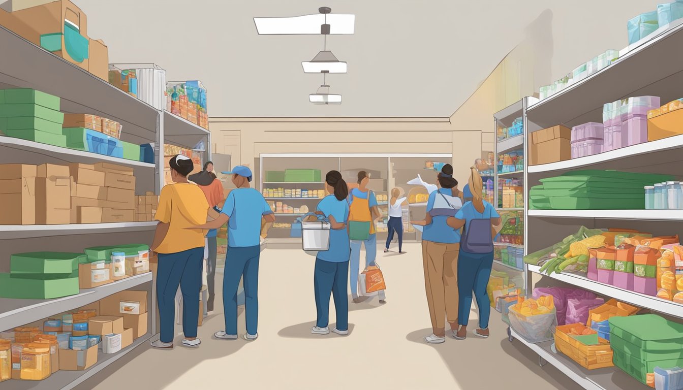 A bustling food pantry in Val Verde County, Texas, with volunteers handing out free groceries to those in need