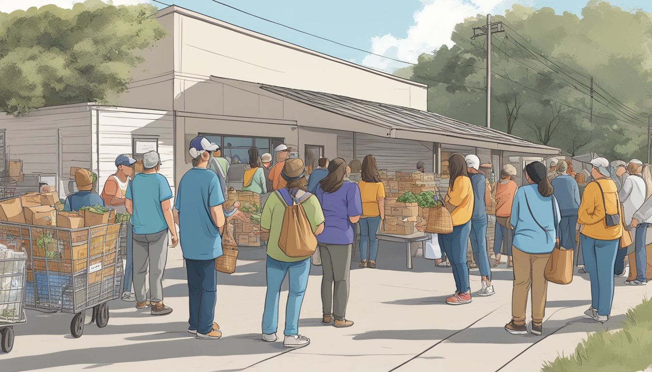 A line of people waiting outside a food pantry in Roberts County, Texas. Volunteers handing out free groceries to those in need