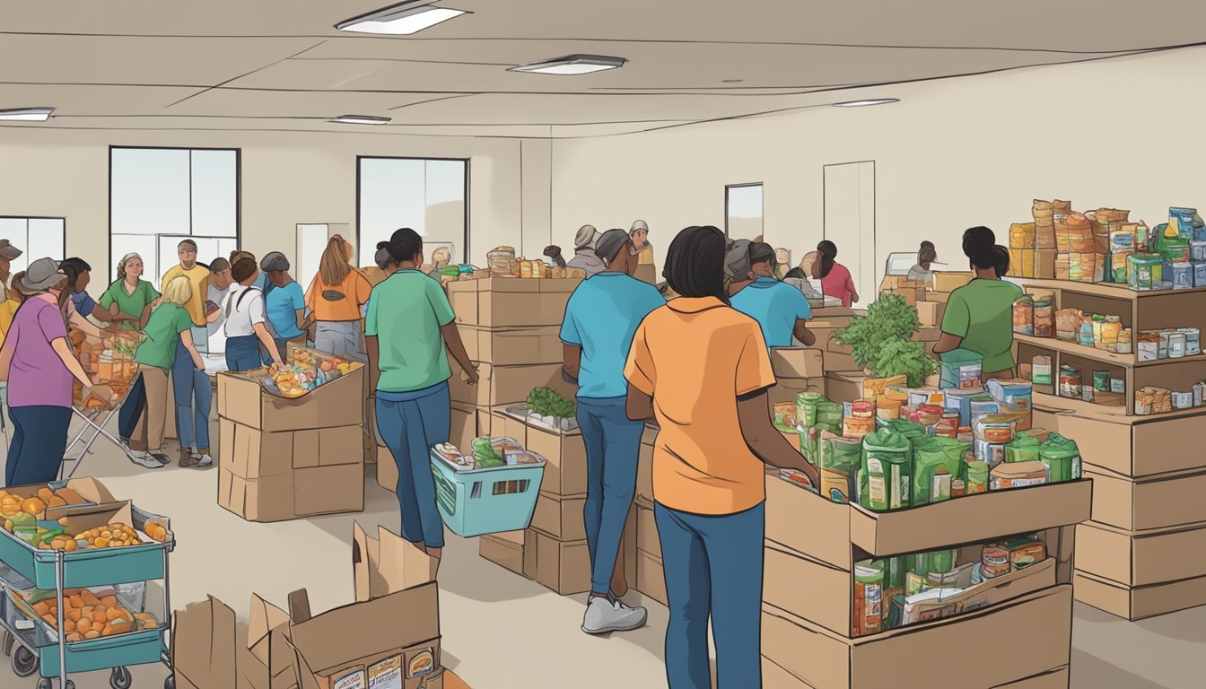 A bustling food pantry in Roberts County, Texas, with volunteers distributing free groceries to those in need