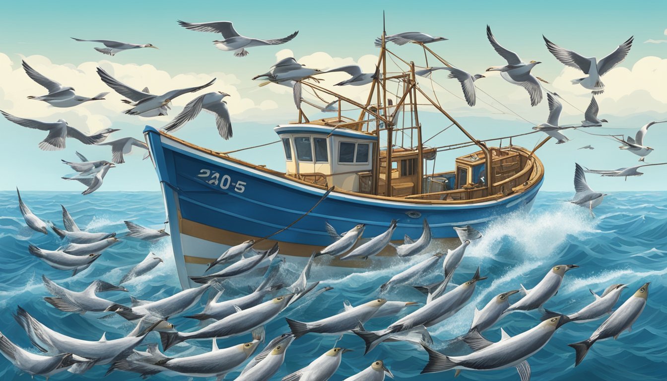 A fishing boat surrounded by seagulls, pulling in a net full of mackerel, with a clear blue ocean in the background