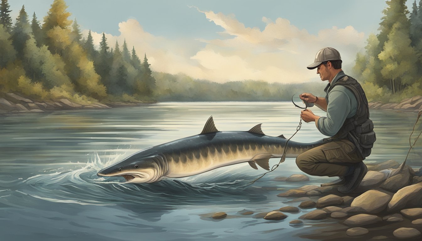 A large lake sturgeon is being caught and consumed by a figure