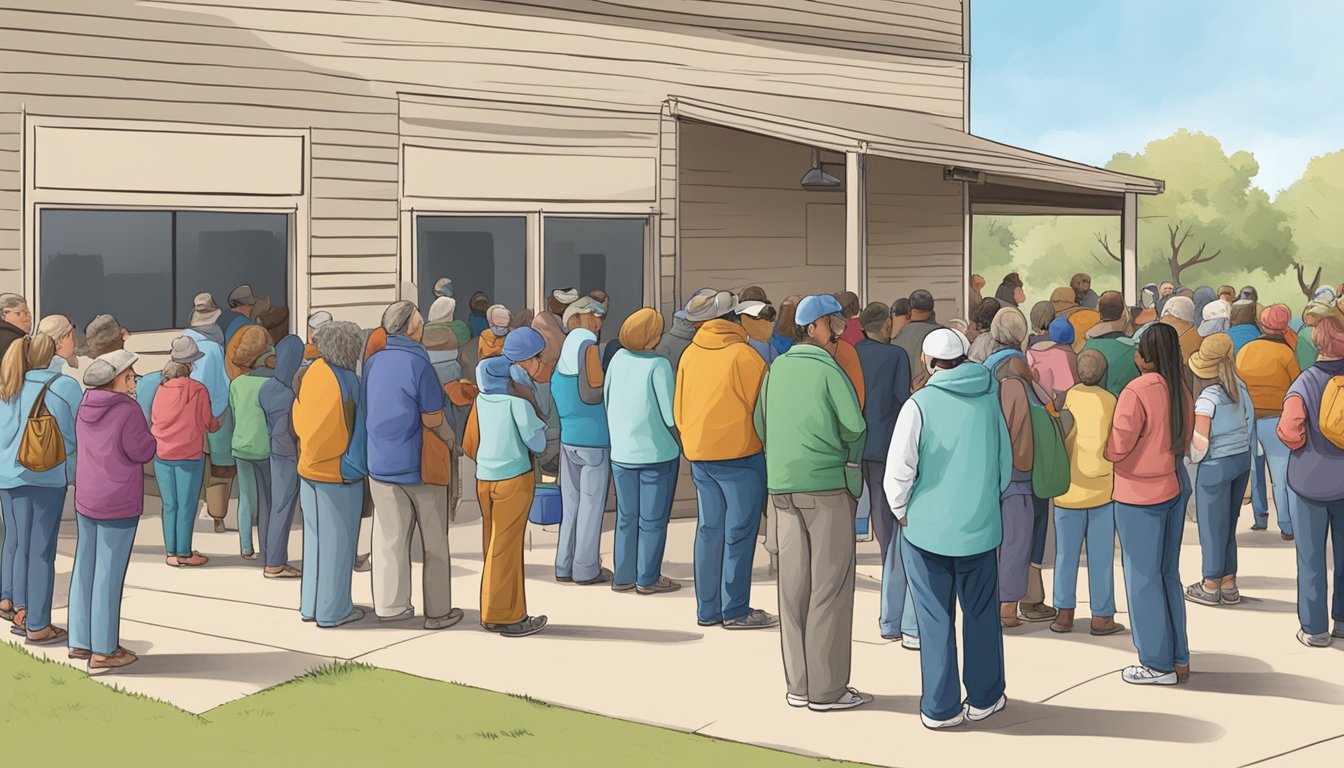 A line of people waiting outside a food pantry in Runnels County, Texas, with volunteers handing out free groceries