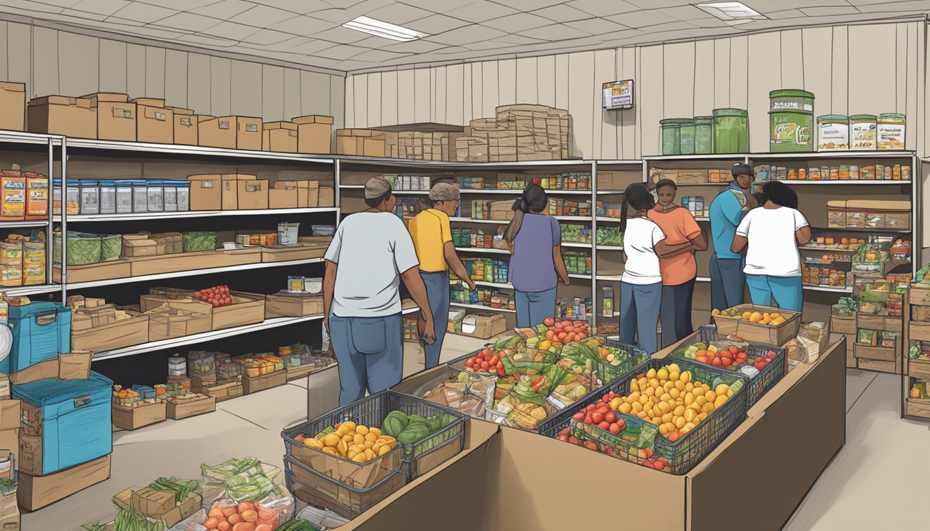 A bustling food pantry in Runnels County, Texas, with shelves stocked full of free groceries and volunteers assisting those in need