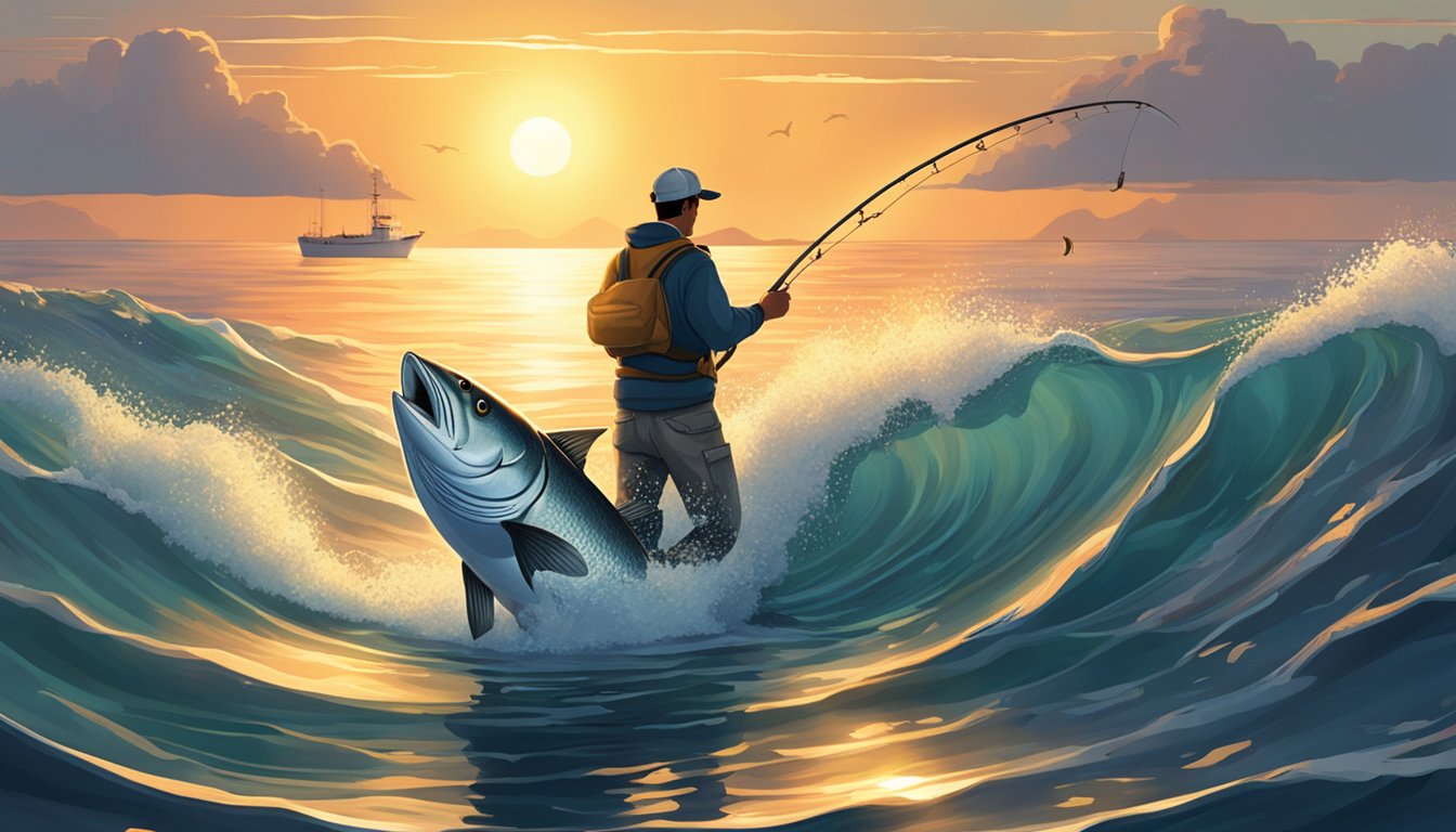 A serene ocean scene with a fisherman reeling in a large albacore fish, surrounded by a school of smaller fish. The sun is setting, casting a warm glow over the water