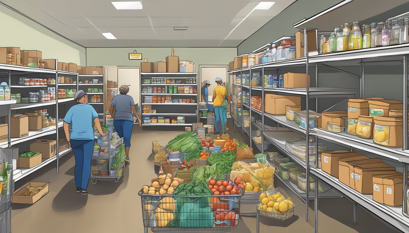 A bustling food pantry in Runnels County, Texas, with shelves stocked with free groceries and volunteers assisting those in need