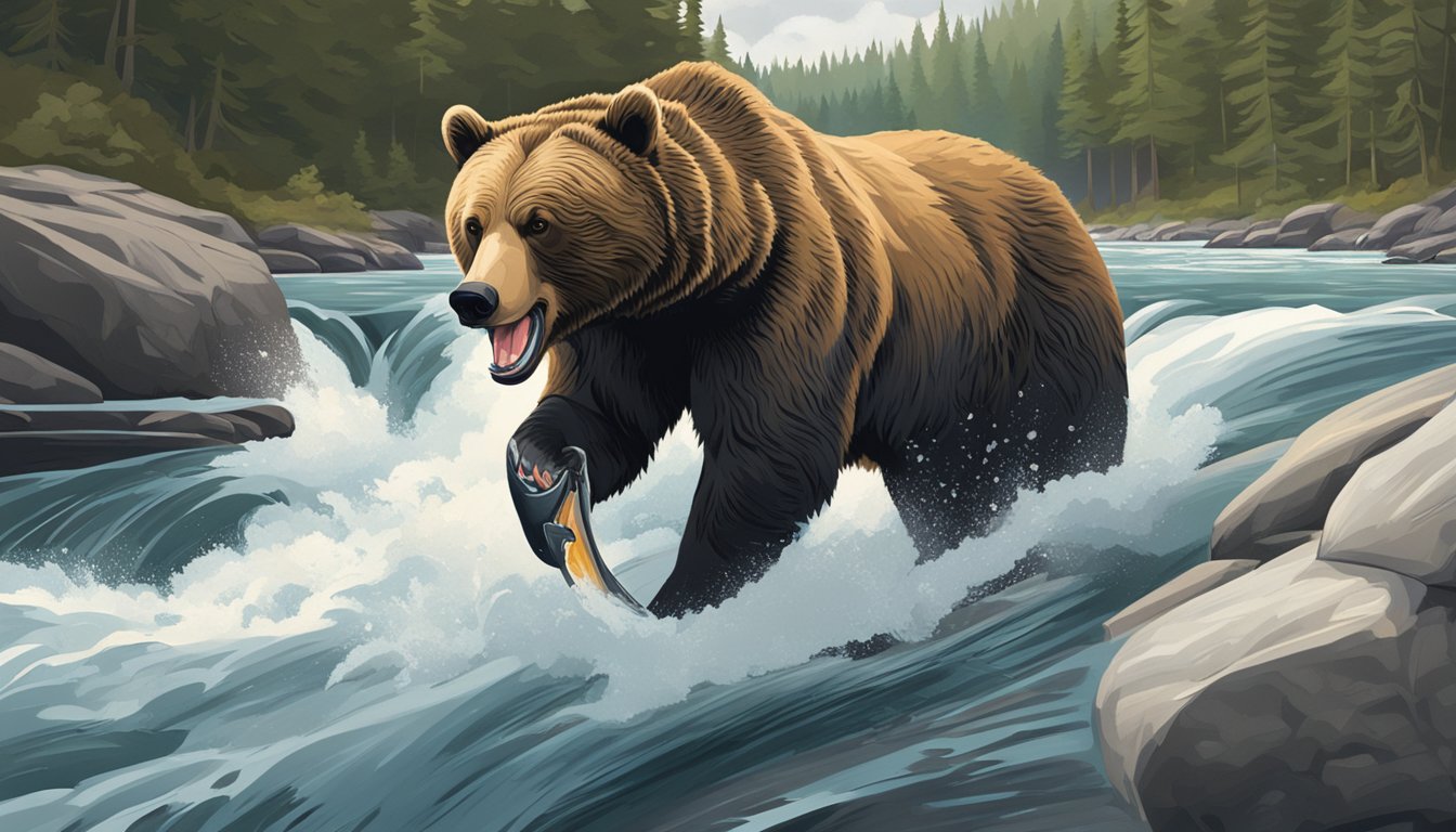 A bear catching and eating a landlocked atlantic salmon by a rushing river