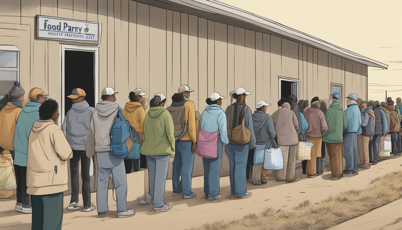 A line of people wait outside a food pantry in Runnels County, Texas. Volunteers hand out bags of nutritious groceries to those in need