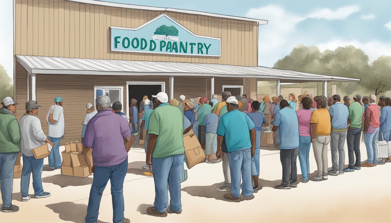 A line of people waiting outside a food pantry in Runnels County, Texas, with volunteers handing out grocery bags and boxes of food