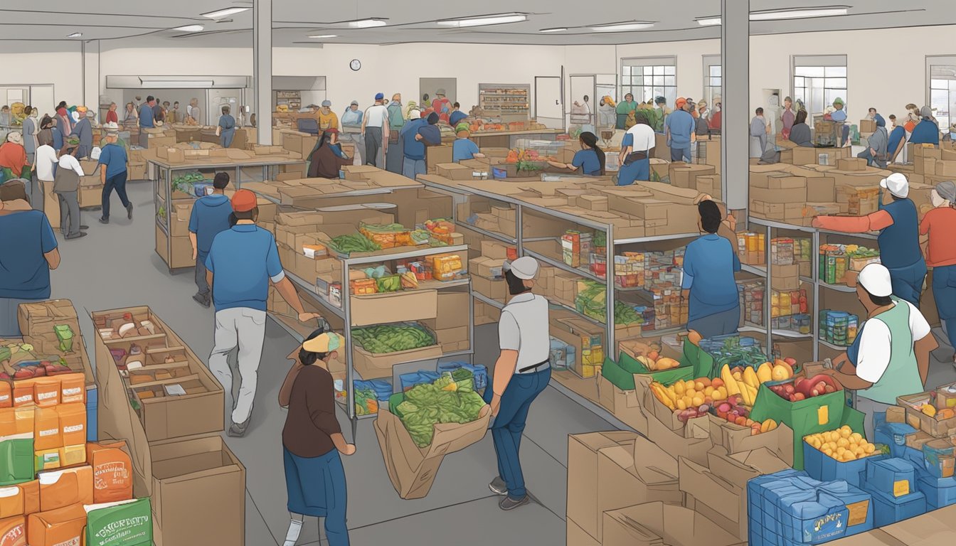 A bustling food pantry in Runnels County, Texas, with volunteers distributing free groceries to those in need