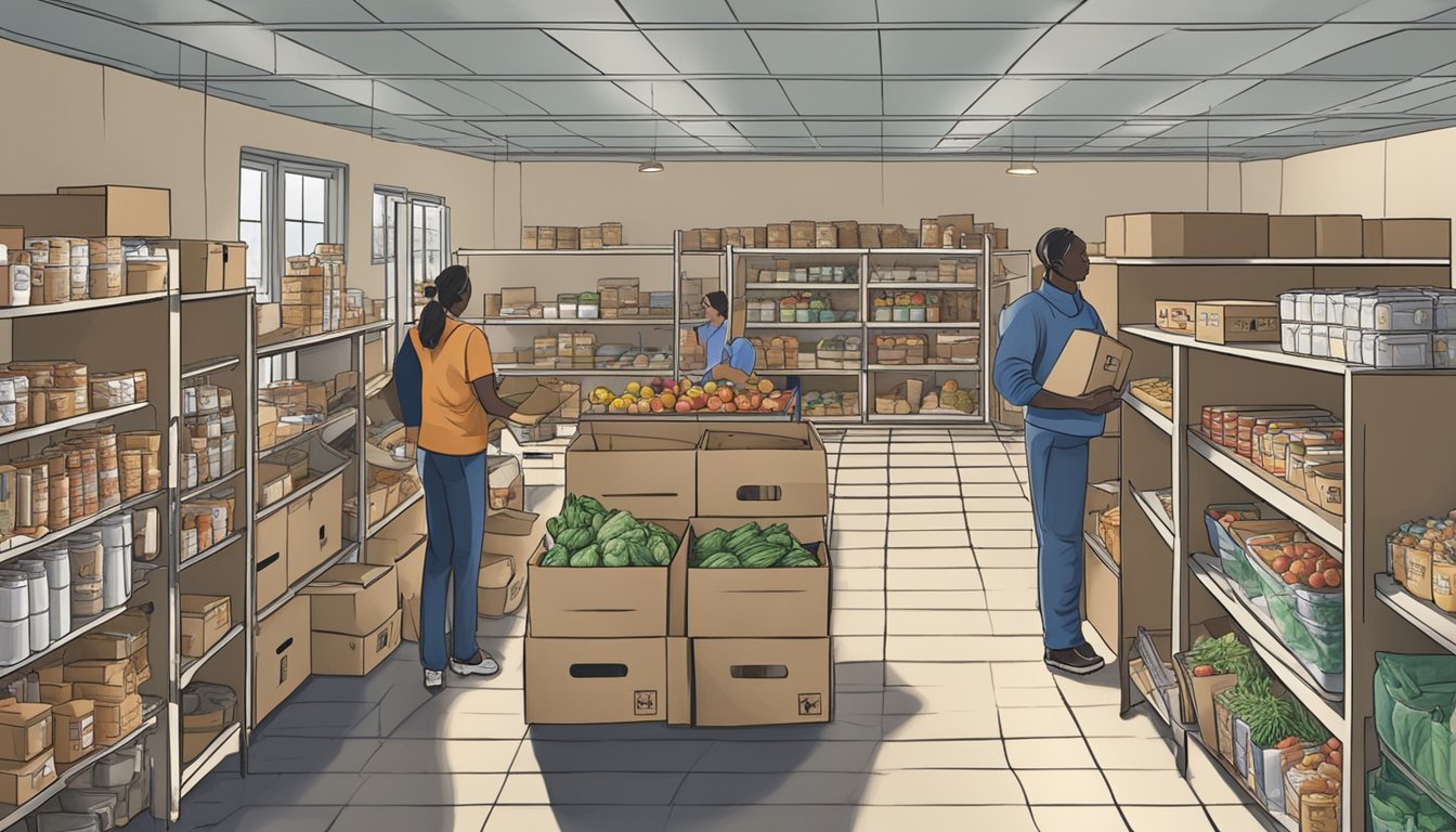 A bustling food pantry in Runnels County, Texas, with volunteers distributing free groceries to those in need