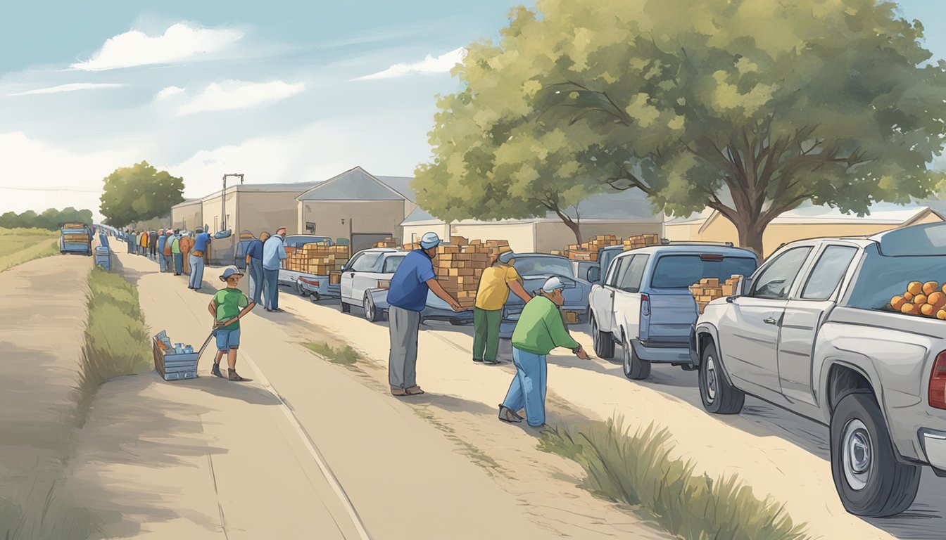 A line of cars stretches down the road, waiting to receive free groceries from a food assistance program in Runnels County, Texas. Volunteers load boxes of food into each vehicle