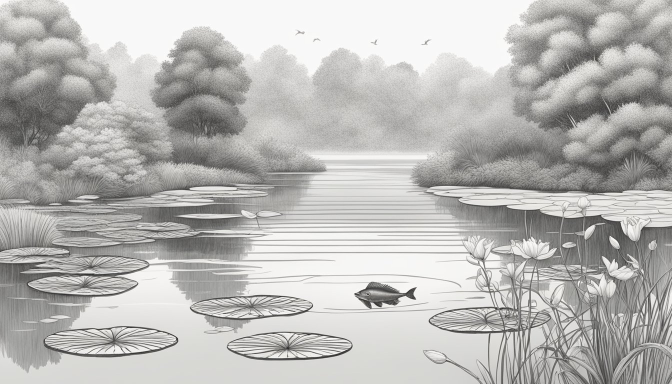 A serene pond with overhanging trees, lily pads, and clear water. A red-breasted sunfish jumps out of the water, ready to be caught