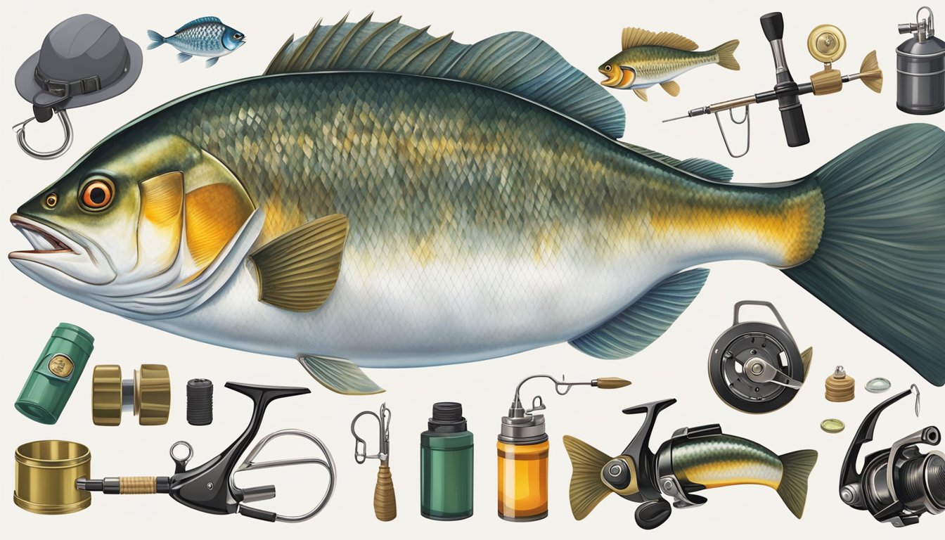 A person holding a fishing rod with a redbreast sunfish caught on the hook, surrounded by fishing tackle and gear