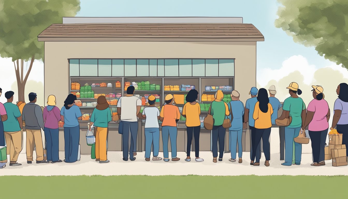 A line of people waiting outside a food pantry in San Augustine County, Texas, with volunteers handing out free groceries