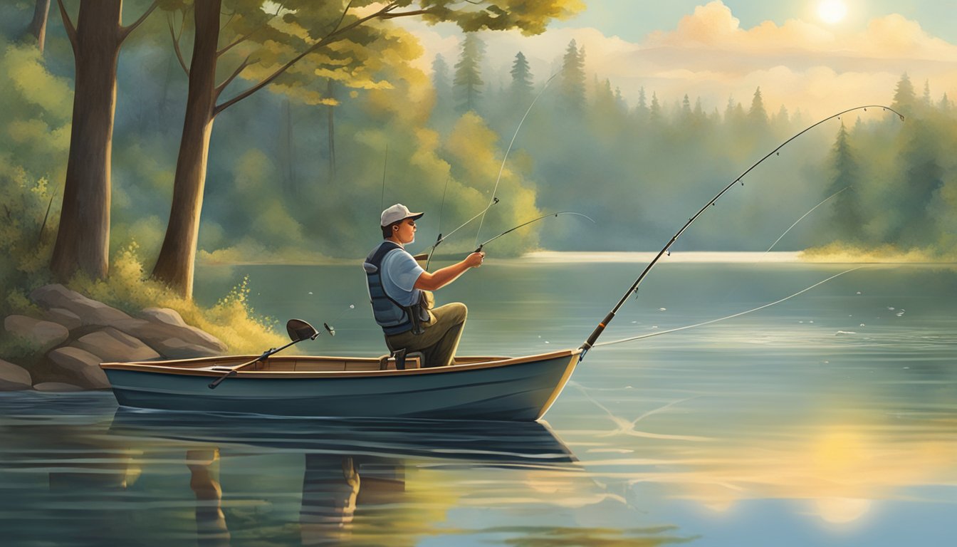 A serene lakeside with a fishing rod, a redbreast sunfish, and a conservation-minded angler releasing the fish back into the water