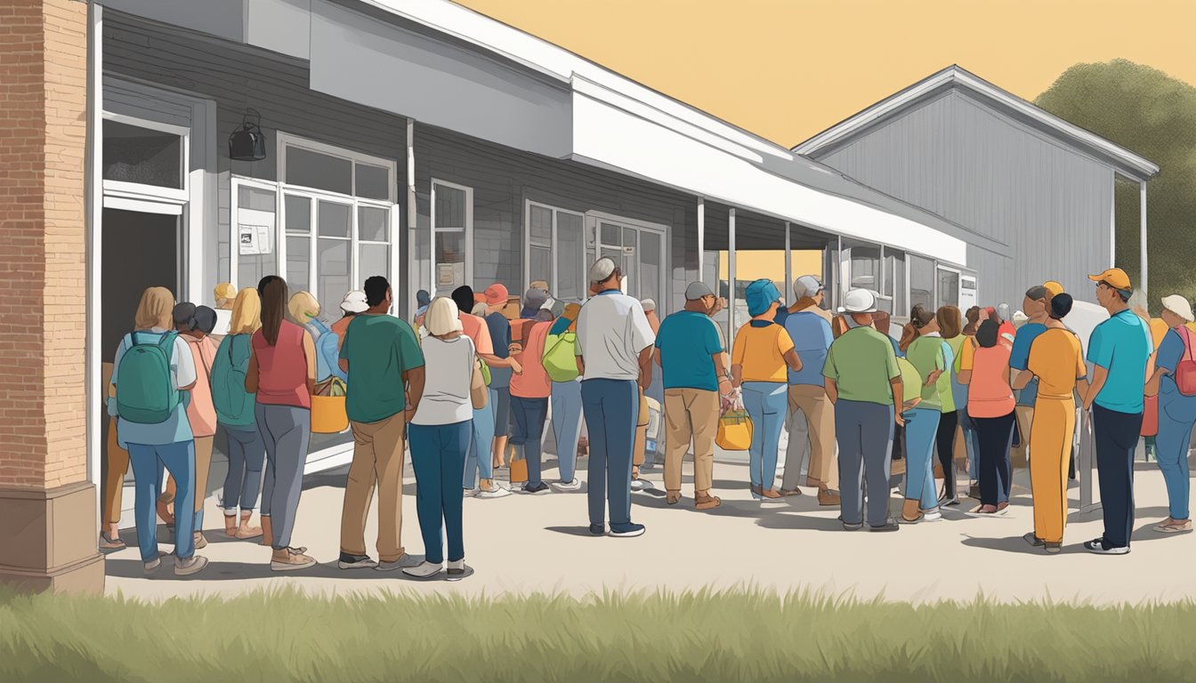 A line of people waiting outside a food pantry in San Augustine County, Texas, with volunteers handing out groceries