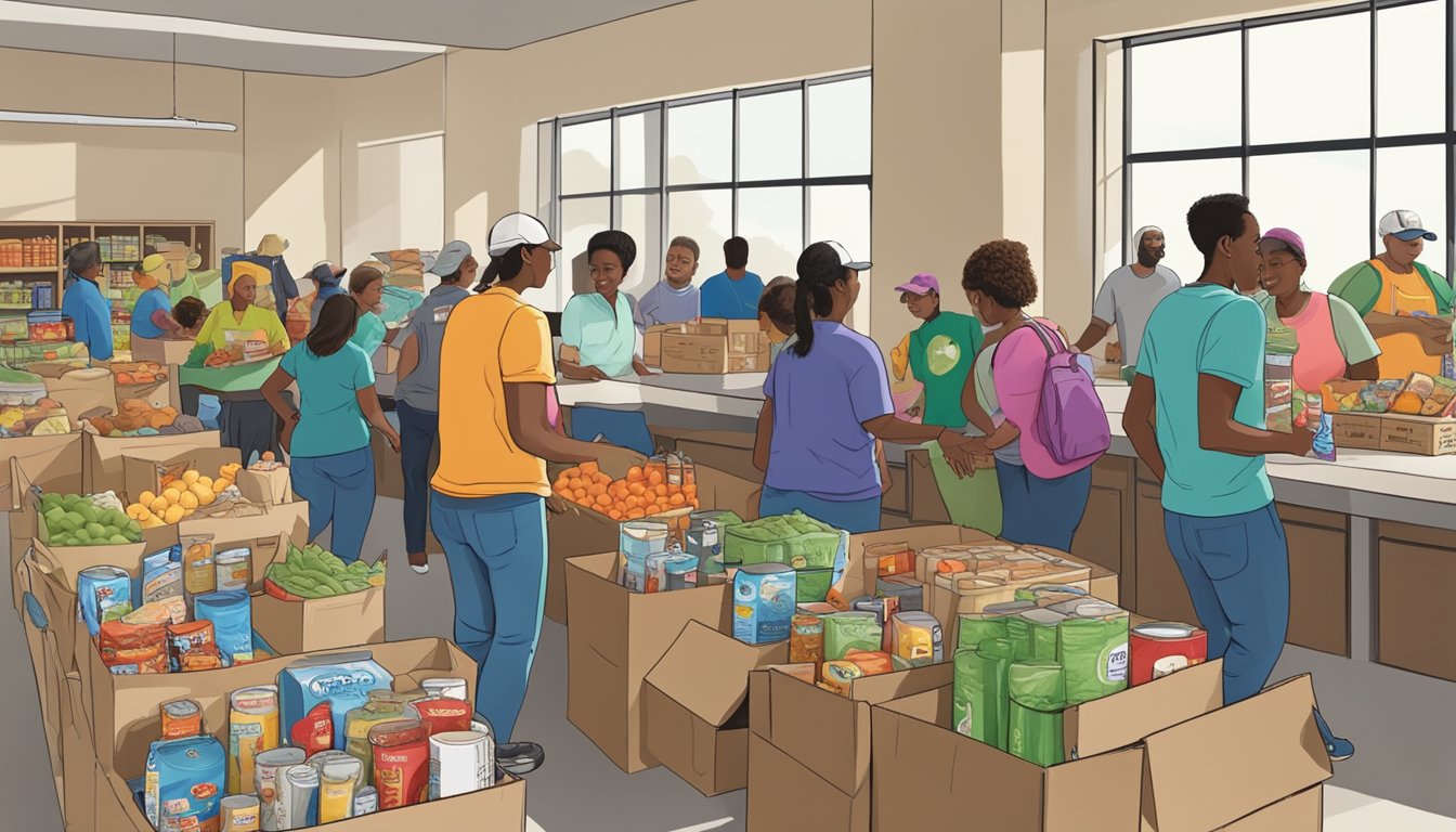 A bustling food pantry in San Augustine County, Texas, with volunteers distributing free groceries to those in need