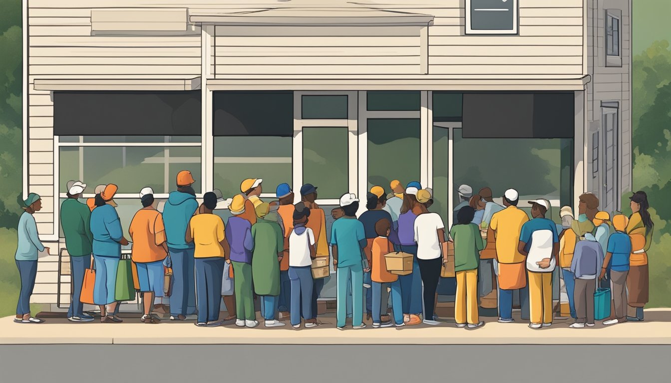 People lined up outside a local food pantry, receiving free groceries and supplies in San Augustine County, Texas