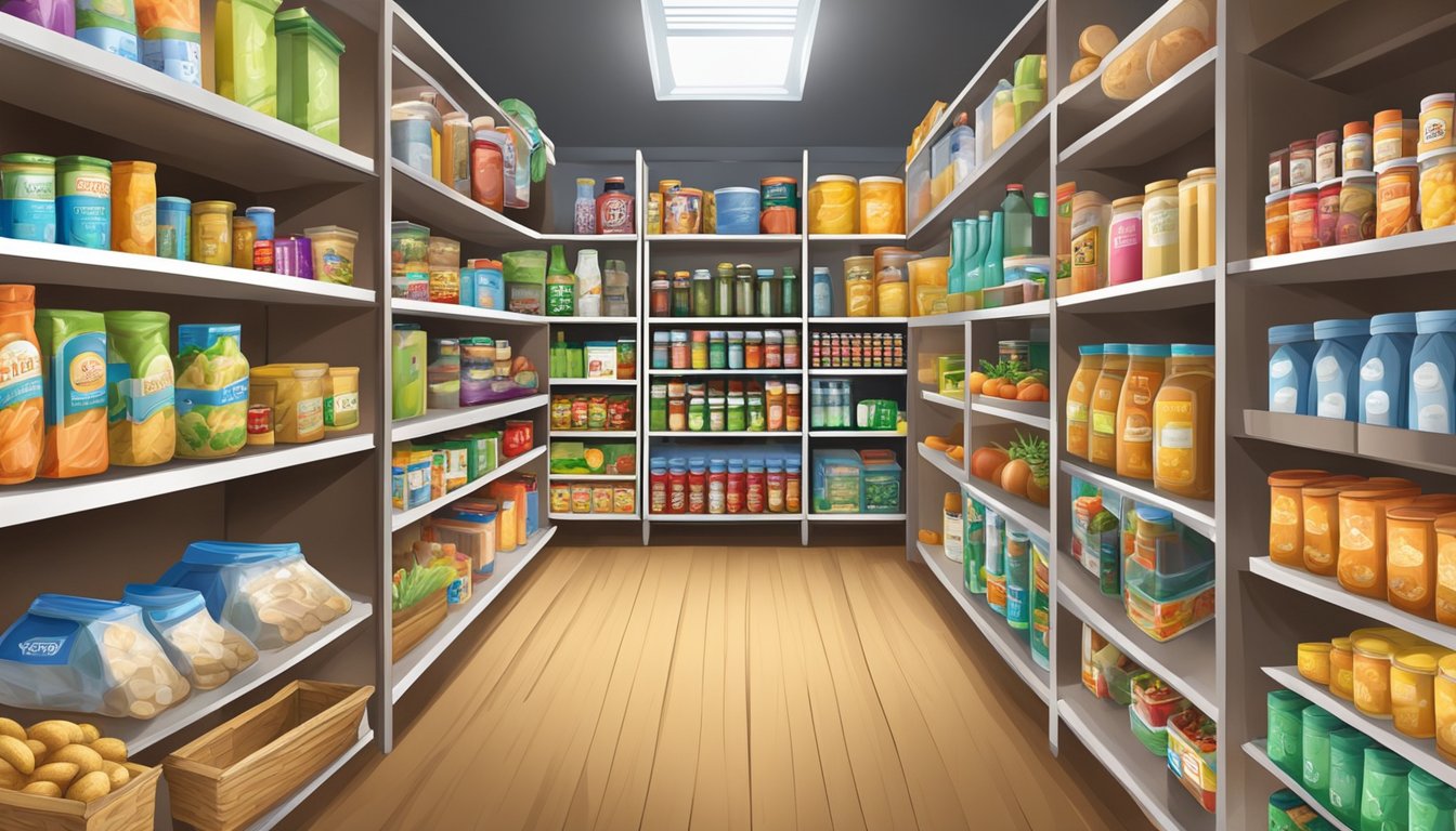 A colorful food pantry with shelves stocked with various groceries and nutritional education materials in San Augustine County, Texas