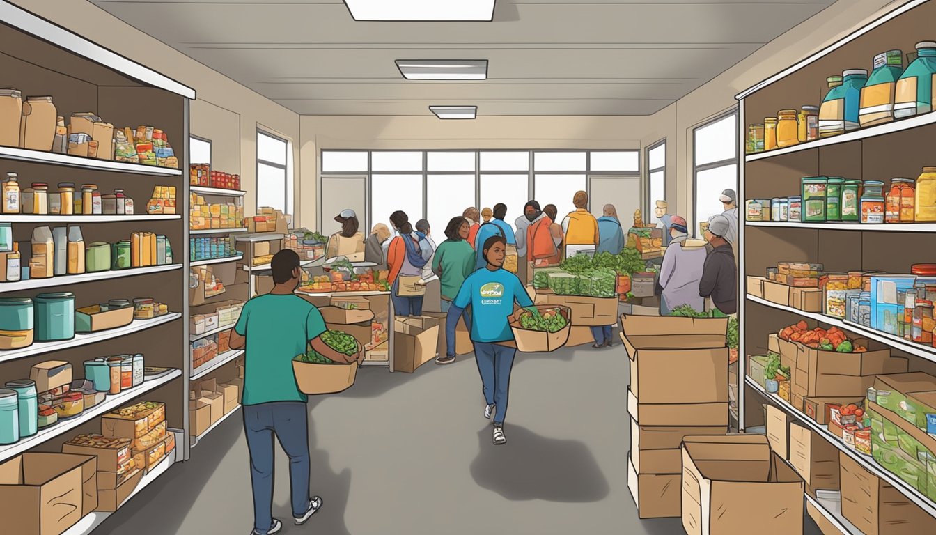 A bustling food pantry in San Augustine County, Texas, where volunteers distribute free groceries to those in need