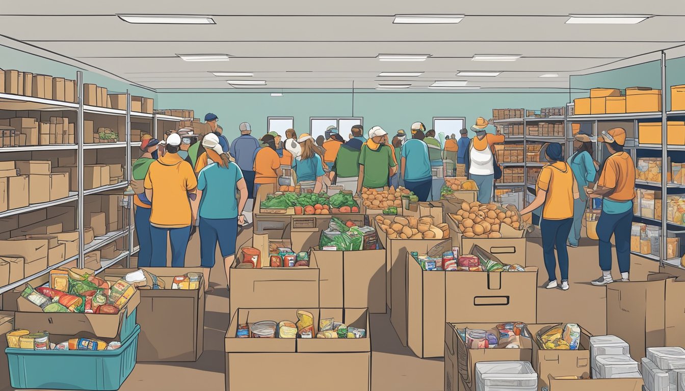 A bustling food pantry in Victoria County, Texas, with volunteers handing out free groceries to those in need