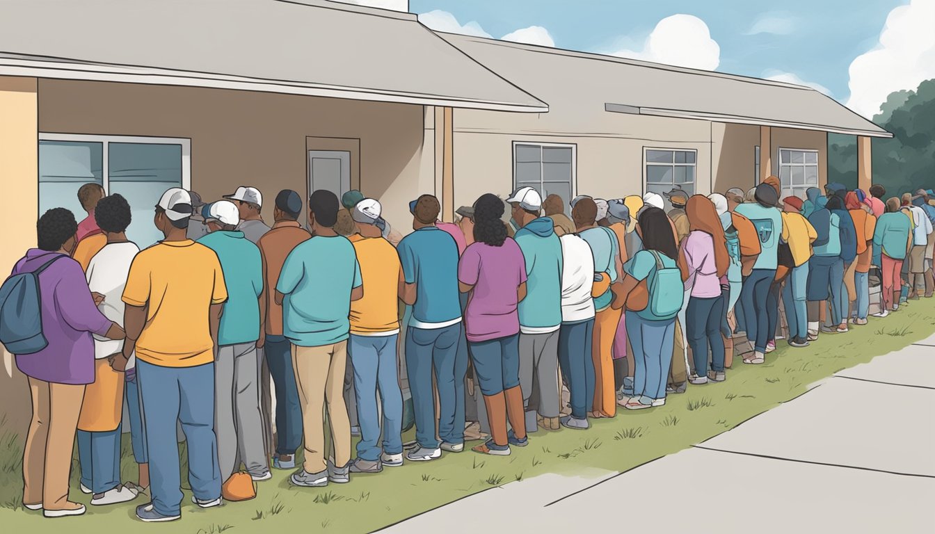 A line of people waits outside a food pantry in Victoria County, Texas. Volunteers hand out free groceries to those in need