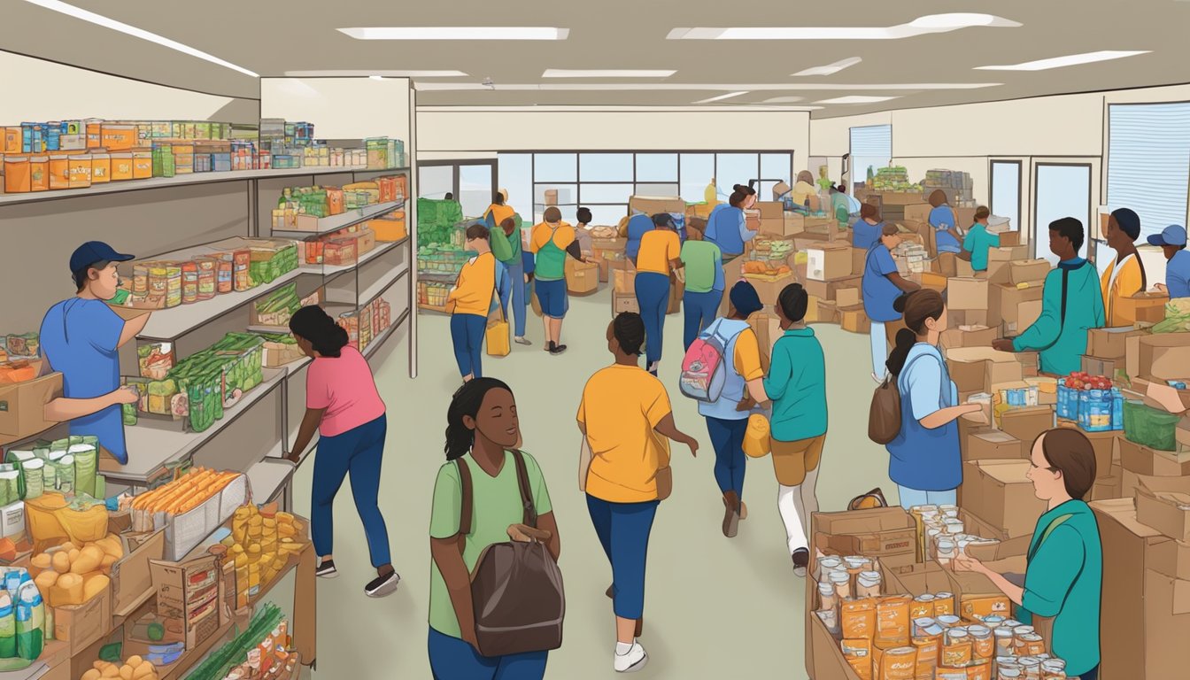 A bustling food pantry in Victoria County, Texas, with volunteers distributing free groceries to those in need