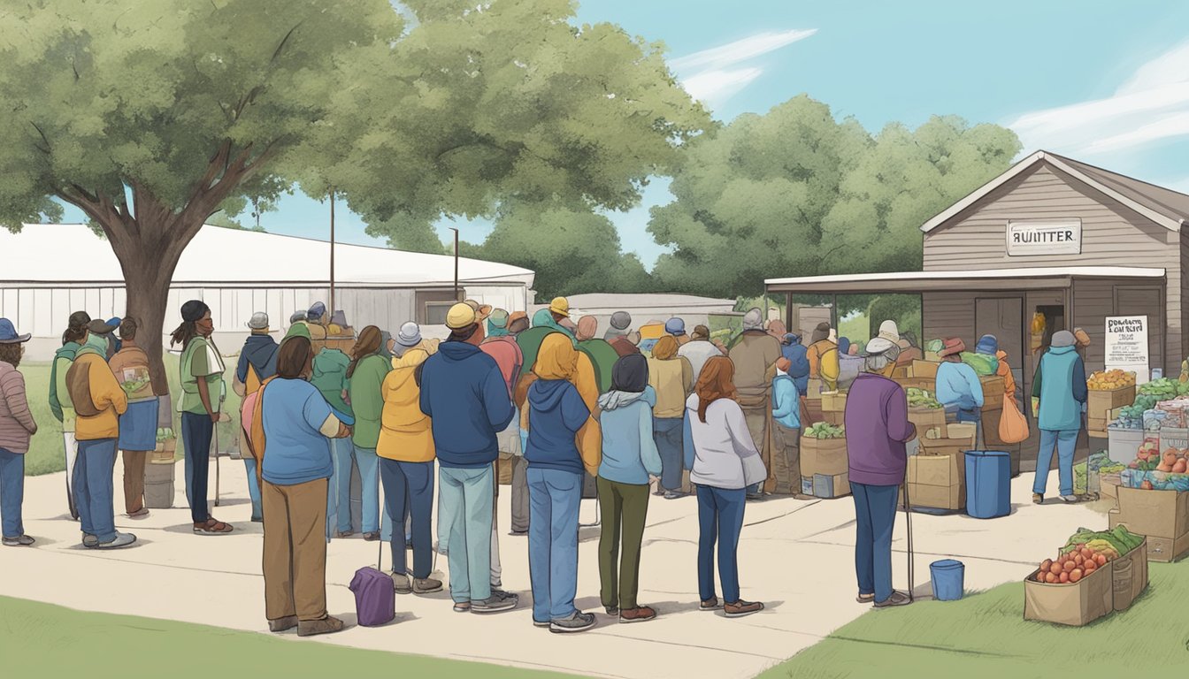 A line of people waits outside a small food pantry in San Saba County, Texas. Volunteers distribute free groceries to those in need