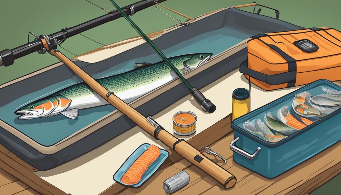 A fishing rod with bait and tackle, a cooler, and a freshly caught landlocked Atlantic salmon being prepared for cooking