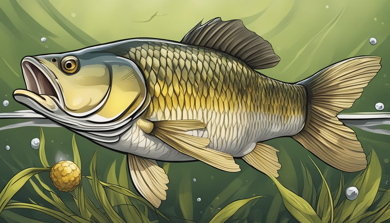 Common carp lured by bait and attractants, being caught and eaten