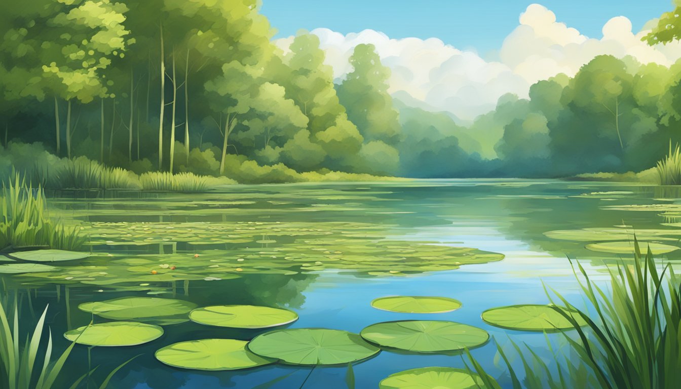 A serene lake with reeds and lily pads, surrounded by lush green trees. A fishing line dips into the water, with a common carp swimming beneath