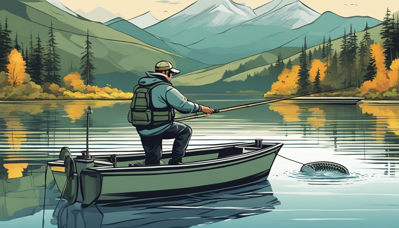 A fisherman uses a high-tech sonar device to locate landlocked Atlantic salmon in a clear, pristine lake. He casts his line and eagerly awaits a bite