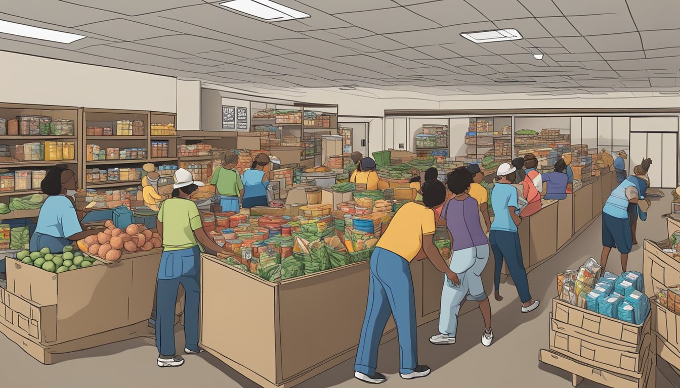 A bustling food pantry in San Saba County, Texas, with volunteers distributing free groceries to those in need