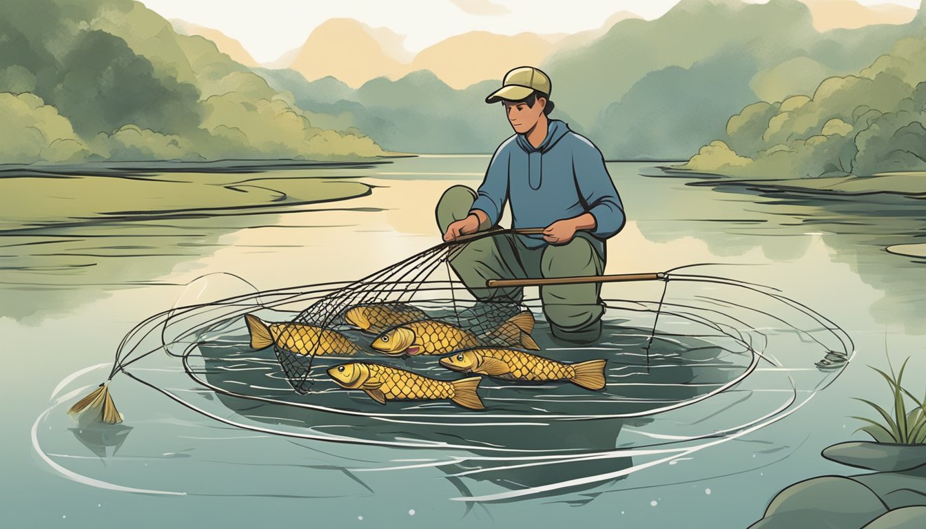 A person using a net to catch a common carp from a calm, murky pond. The carp is then shown being cooked over an open fire