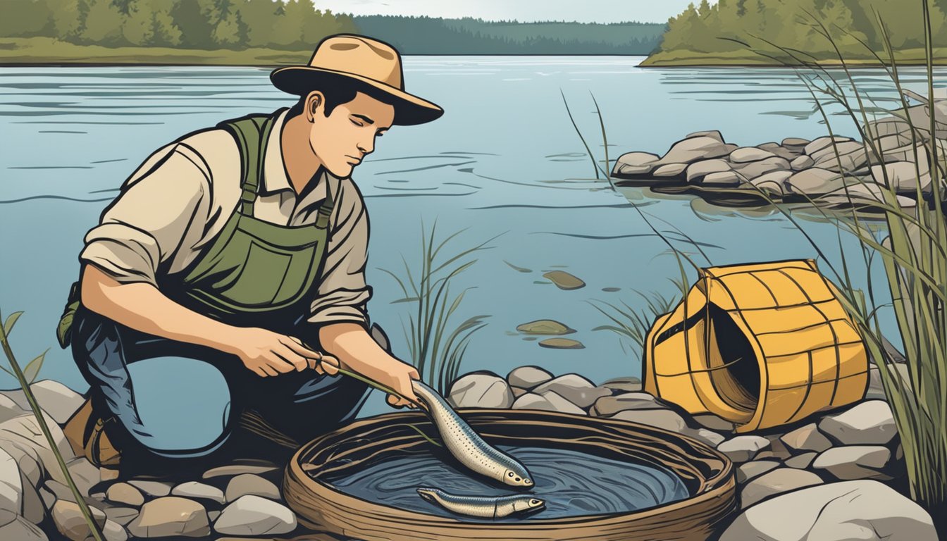 A hand-drawn illustration of a person catching and preparing an American eel in a natural, riverside setting