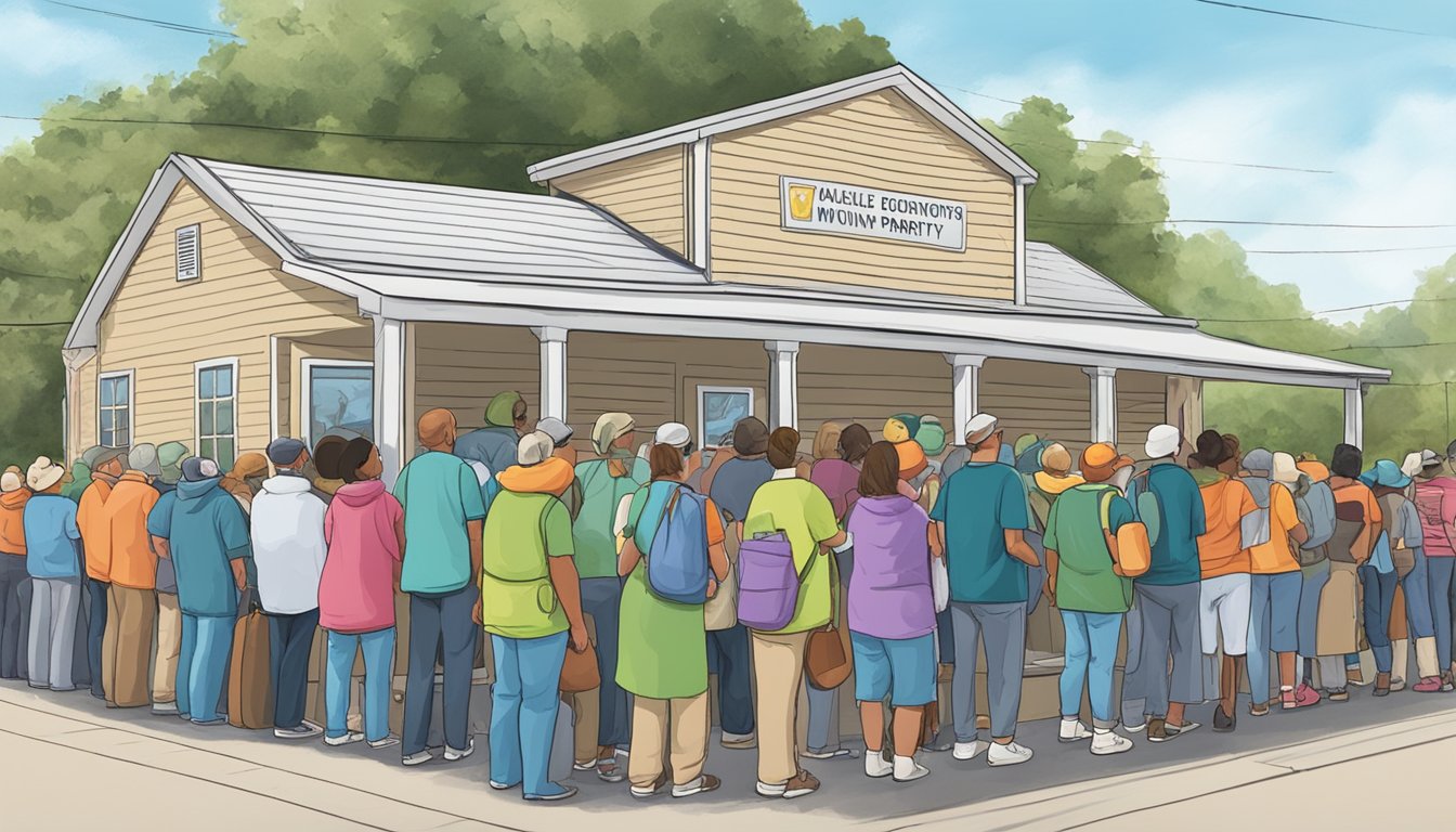 A line of people waits outside a food pantry in Walker County, Texas. Volunteers distribute free groceries to those in need