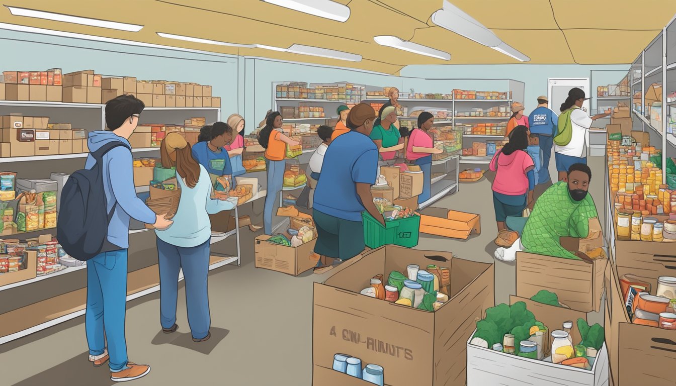 A bustling food pantry in Walker County, Texas, with volunteers distributing free groceries to those in need