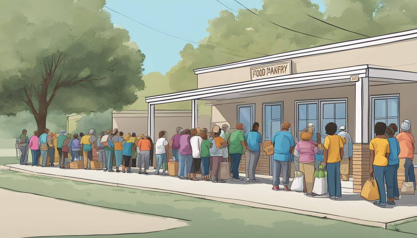 A line of people waits outside a food pantry in Walker County, Texas. Volunteers hand out free groceries to those in need