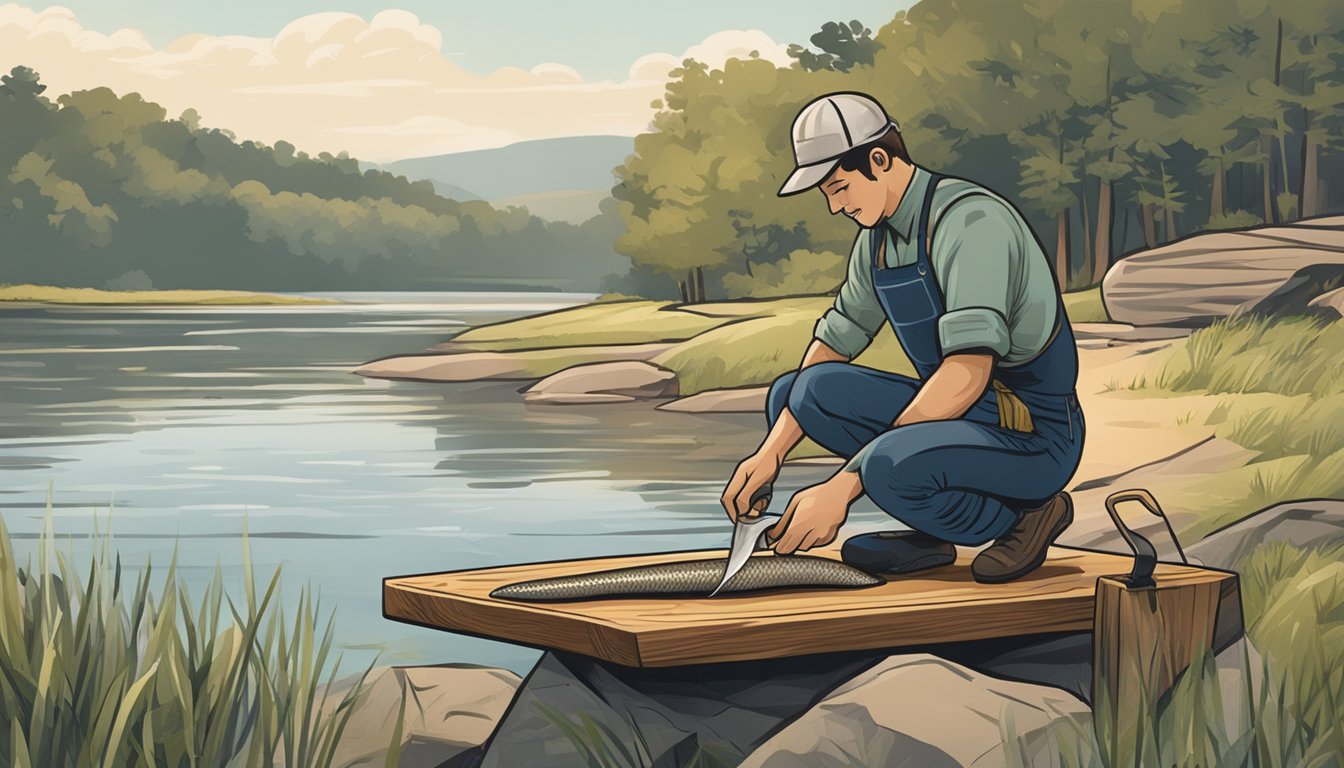 A person filleting an American eel on a wooden cutting board by a riverbank