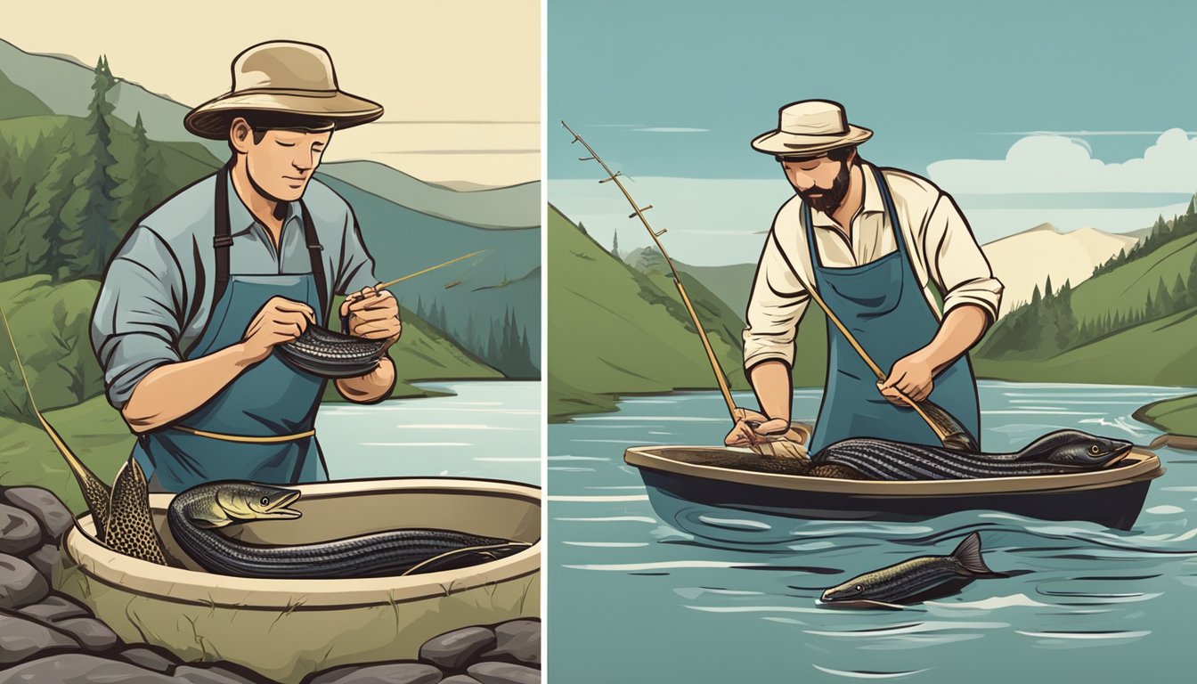 An American eel being caught in a river by a fisherman, and then being prepared and cooked in a traditional culinary setting