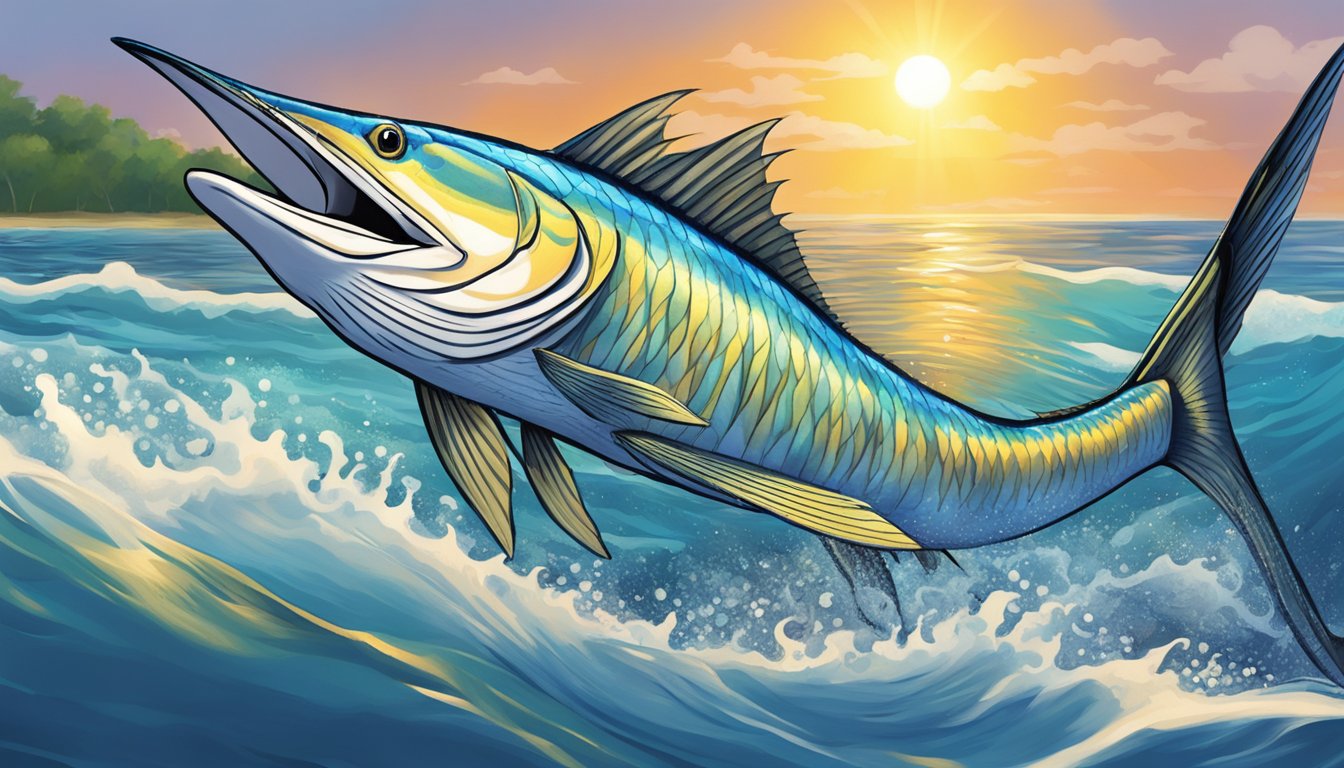 A billfish leaping out of the water, its vibrant scales catching the sunlight as it preys on a smaller fish