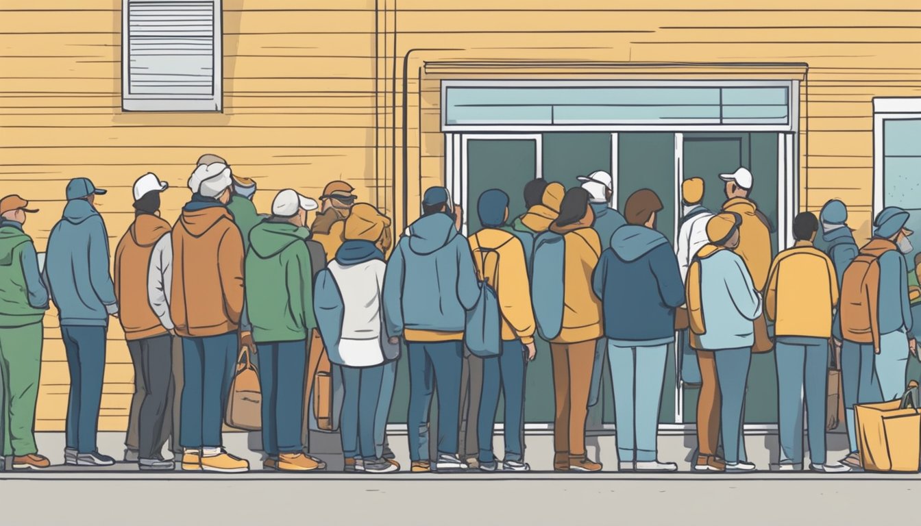 A line of people waits outside a food pantry in Walker County, Texas. Volunteers hand out groceries and specialized nutritional support to those in need