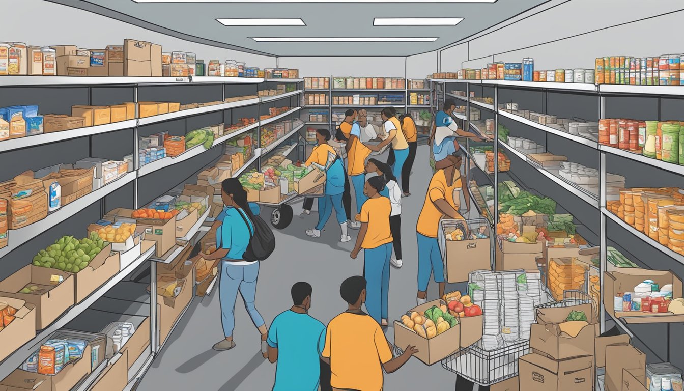 A bustling food pantry in Walker County, Texas, with volunteers distributing free groceries to those in need during operating hours